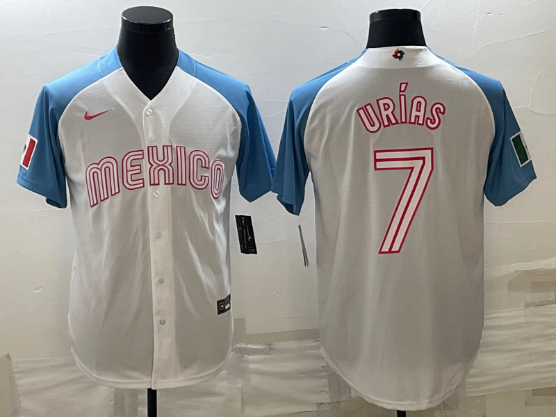 Men's Mexico Baseball #7 Julio Urías 2023 White Blue World Baseball Classic Stitched Jersey Men's Mexico Baseball #7 Julio Urías 2023 White Blue World Baseball Classic Stitched Jersey
